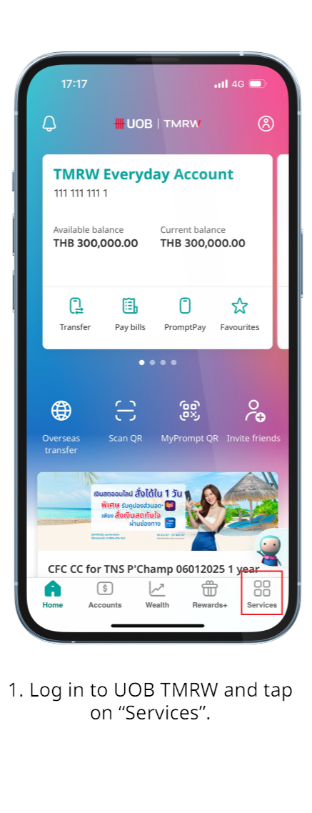 Log in to UOB TMRW and tap on “Services”.