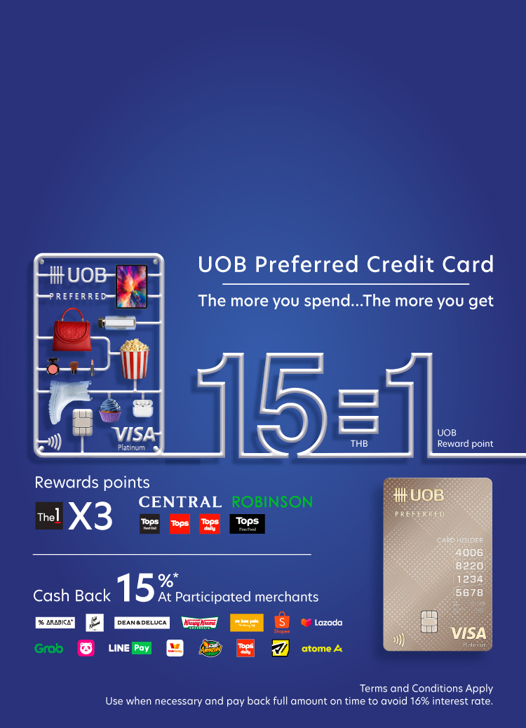 Mobile banner showing UOB Preferred Credit Card 15 THB spend = 1 Reward Point, 15% cashback at 15 merchants