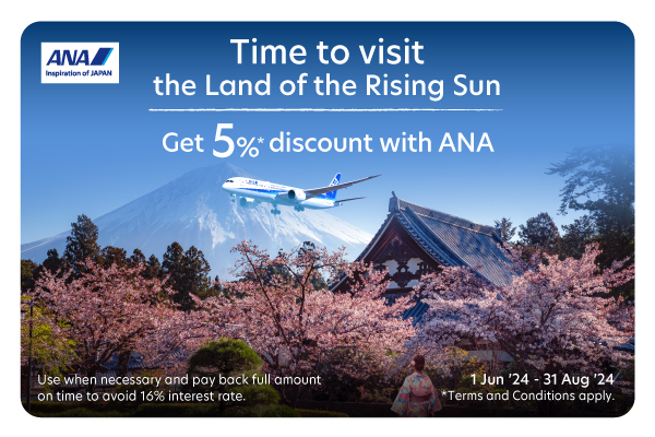 Get 5% discount when booking air tickets to Japan with ANA by paying with UOB Credit Card and TMRW Credit Card