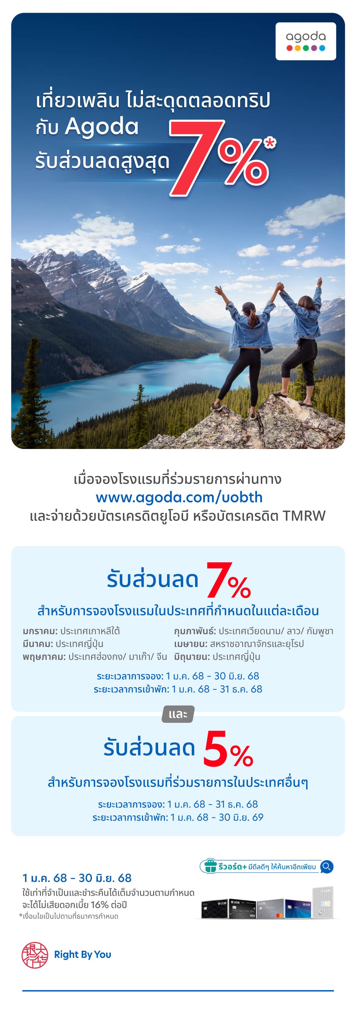 รับส่วนลดโรงแรมสูงสุด 7% เมื่อจองผ่าน Agoda และจ่ายด้วยบัตรเครดิตยูโอบี หรือบัตรเครดิต TMRW