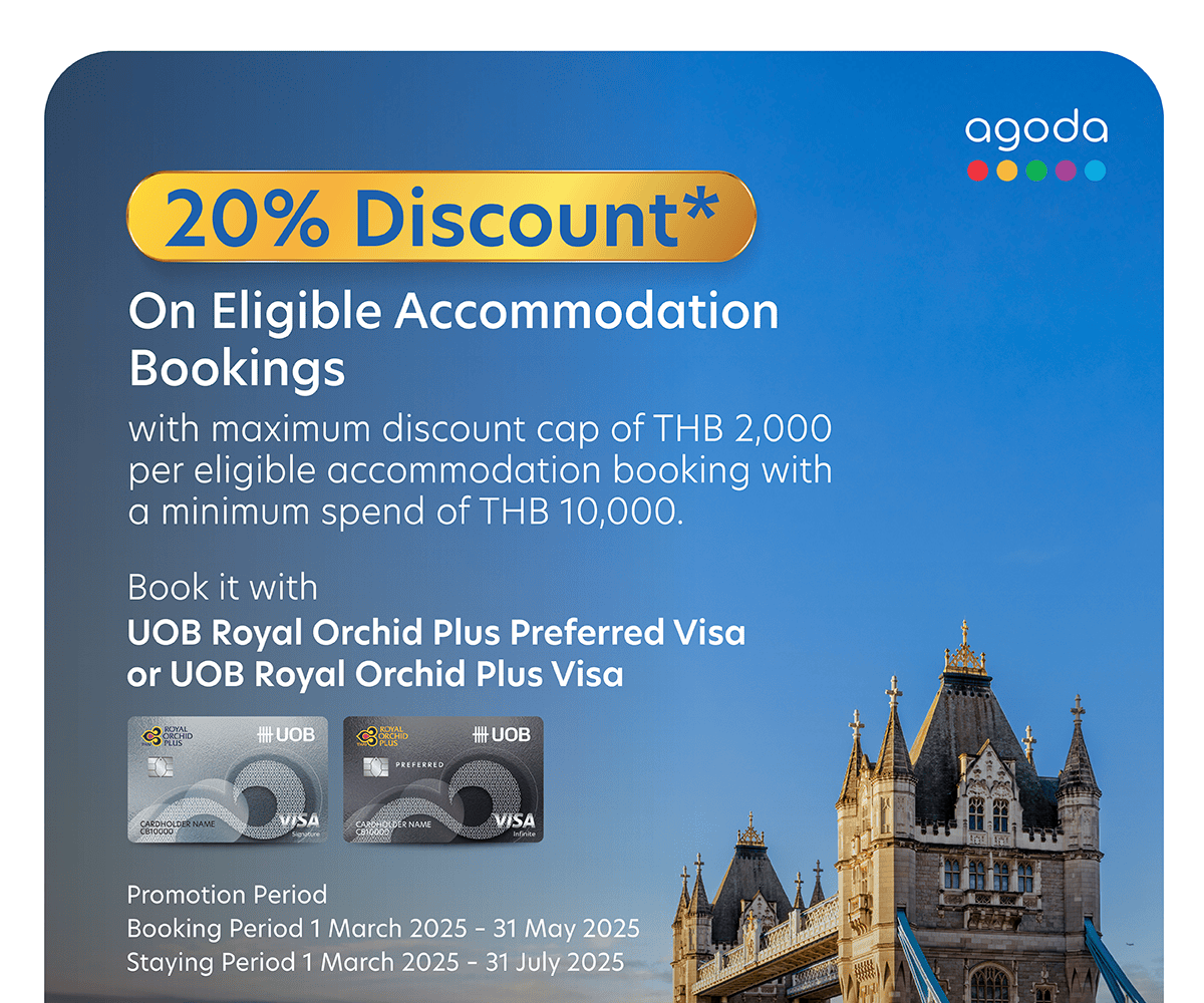 Get up to 20%* discount with UOB Royal Orchid Plus Visa Credit Card when booking eligible accommodation on Agoda