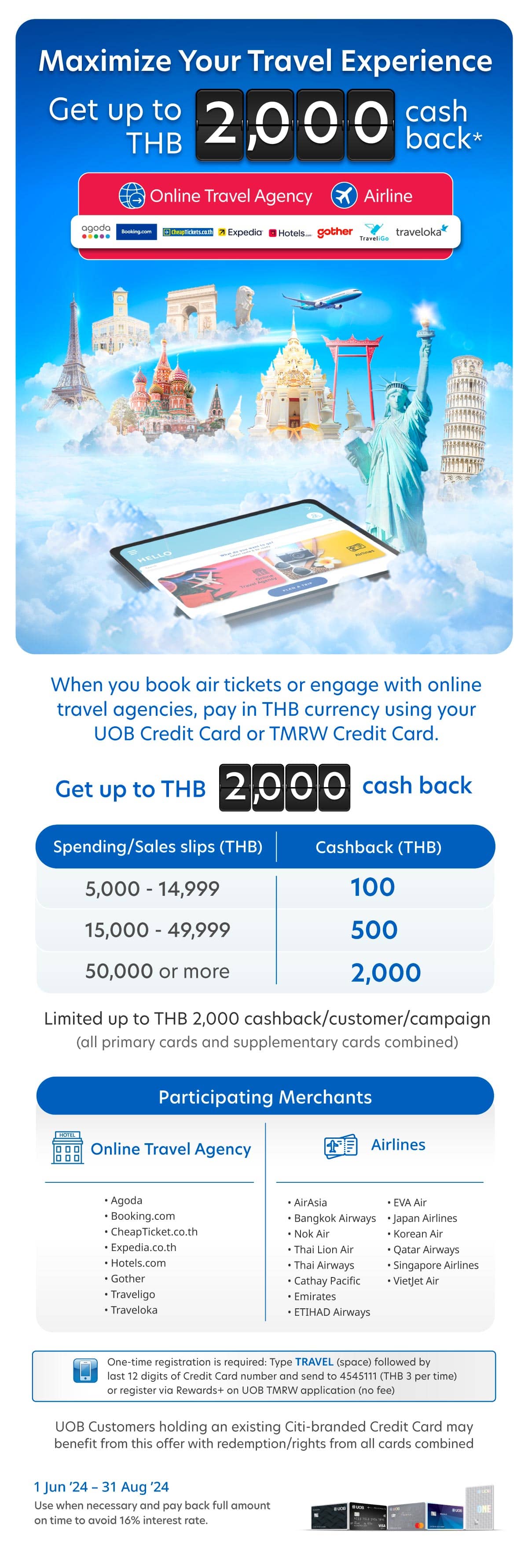 Get up to THB 2,000 cashback when booking air tickets or participating in online travel agencies