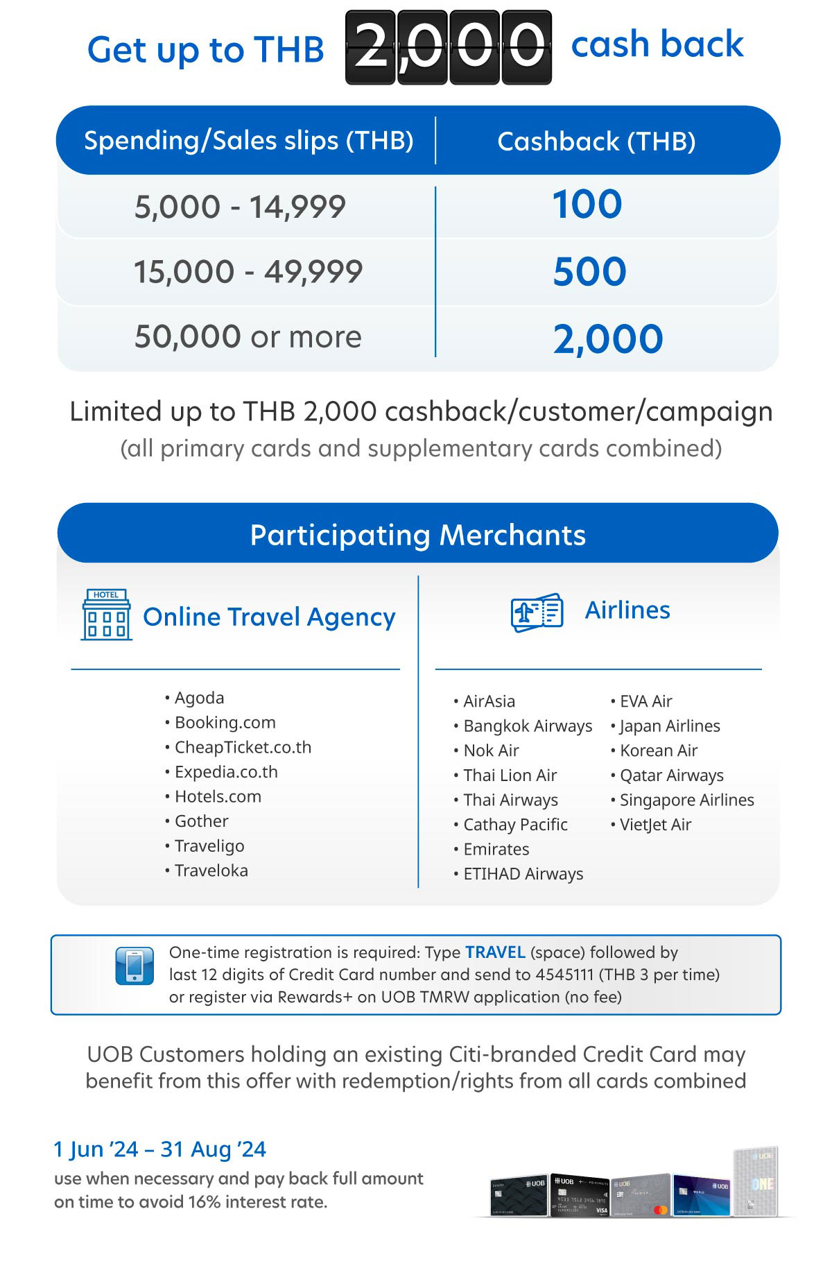 Get up to THB 2,000 cashback when booking air tickets or participating in online travel agencies