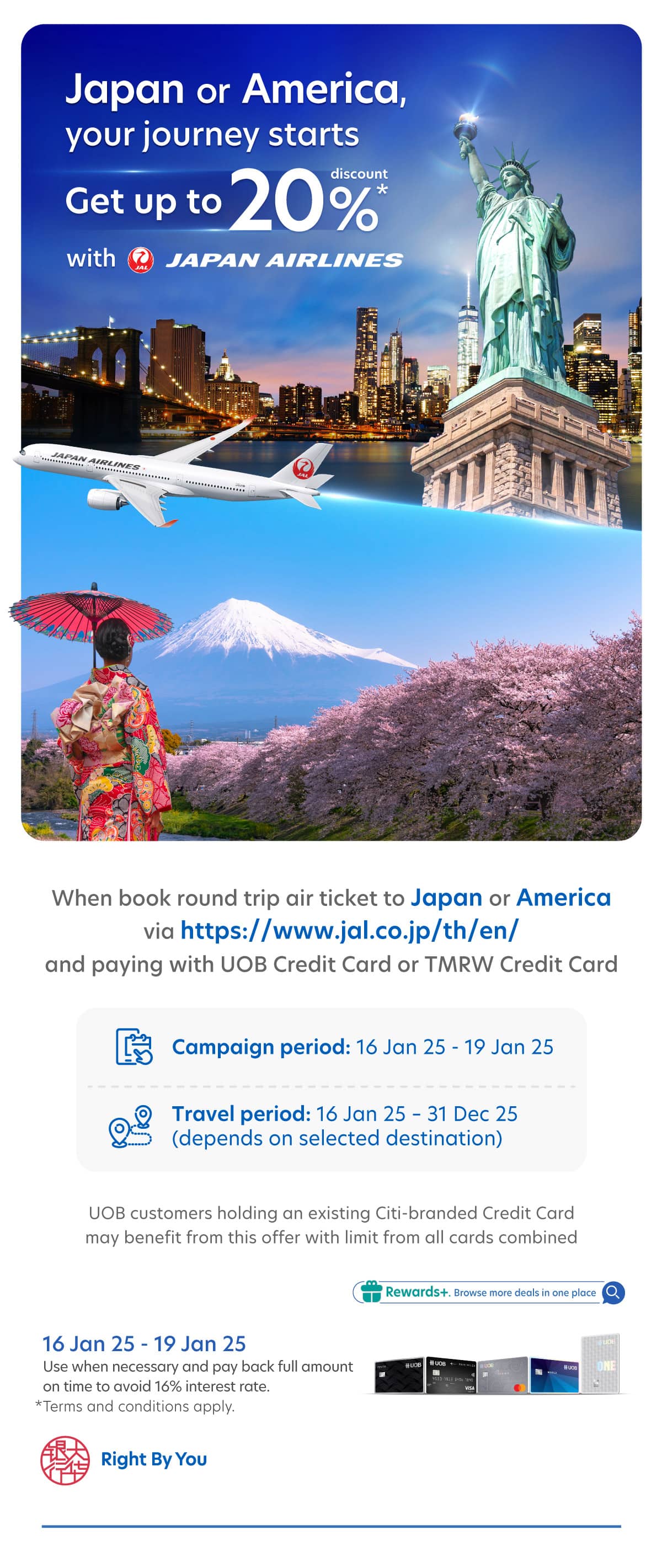 Get up to 20% discount when booking air ticket via Japan Airlines and paying with UOB Credit Card or TMRW Credit Card