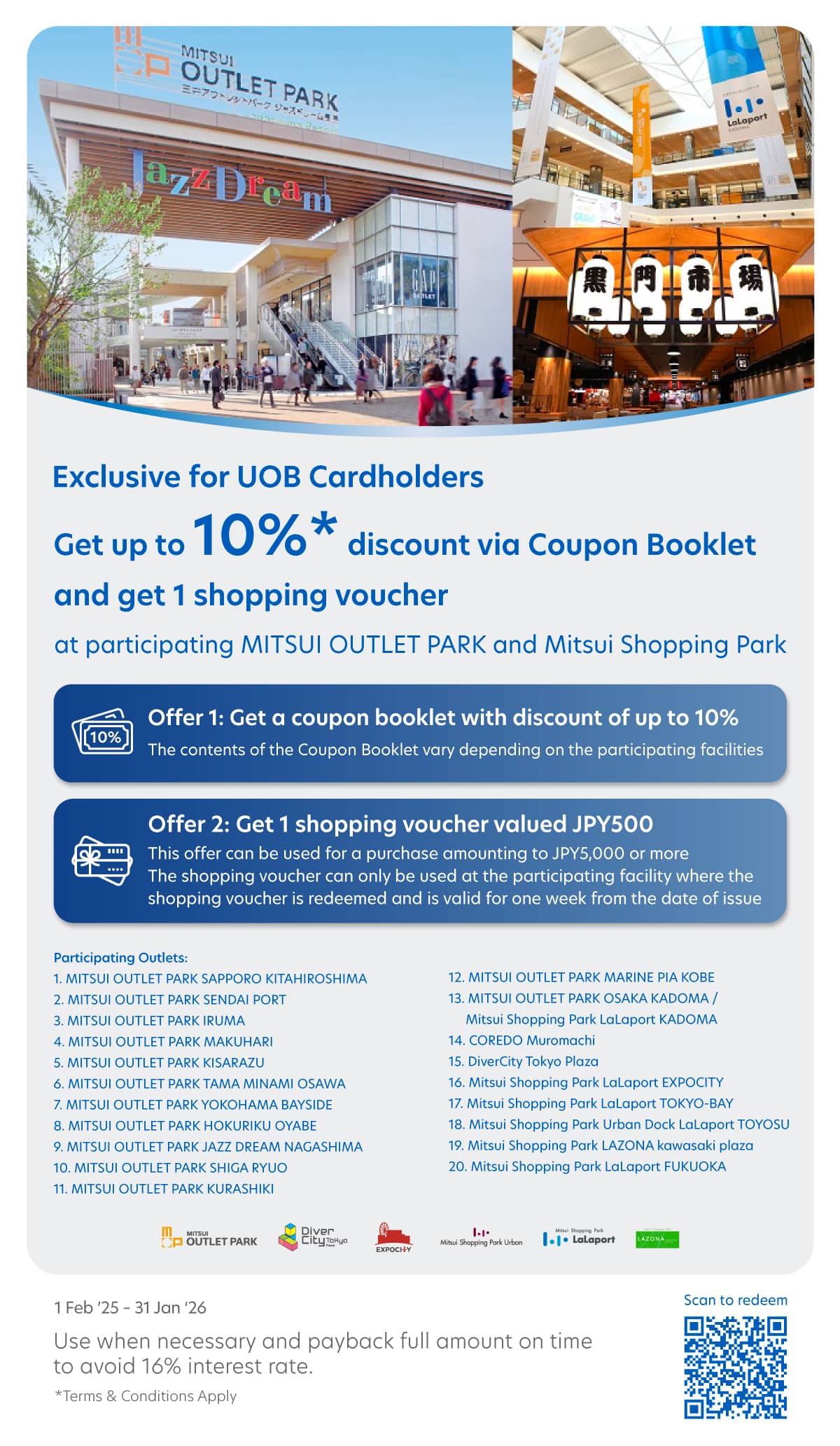 Get up to 10% discount via Coupon Booklet and get 1 shopping voucher at participating MITSUI OUTLET PARK and Mitsui Shopping Park