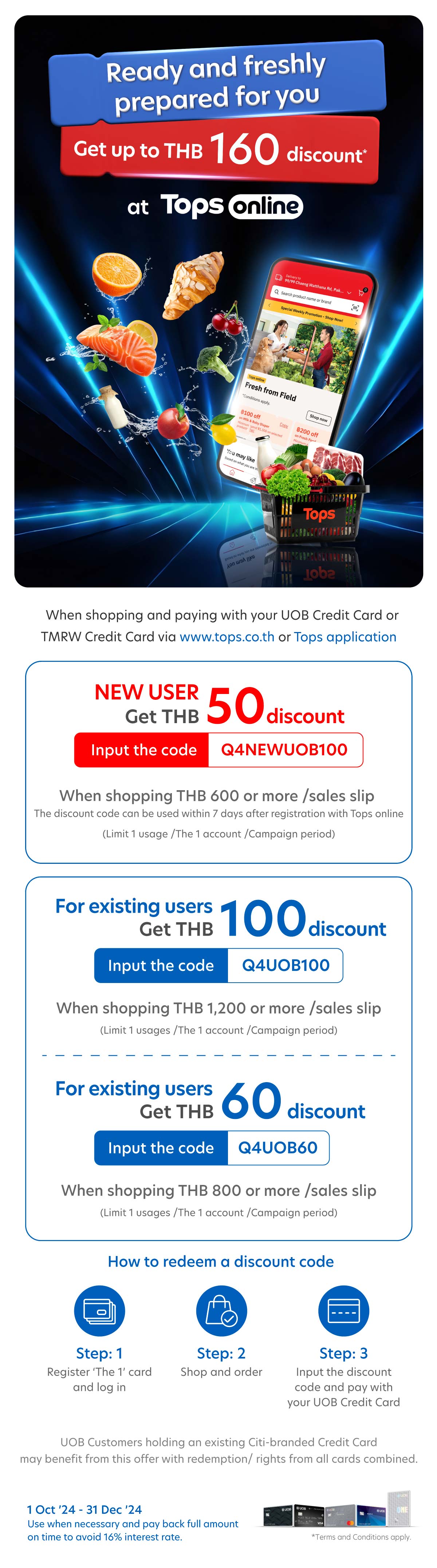 Get up to THB 160 discount when shopping at Tops Online with UOB Credit Card  or TMRW Credit Card