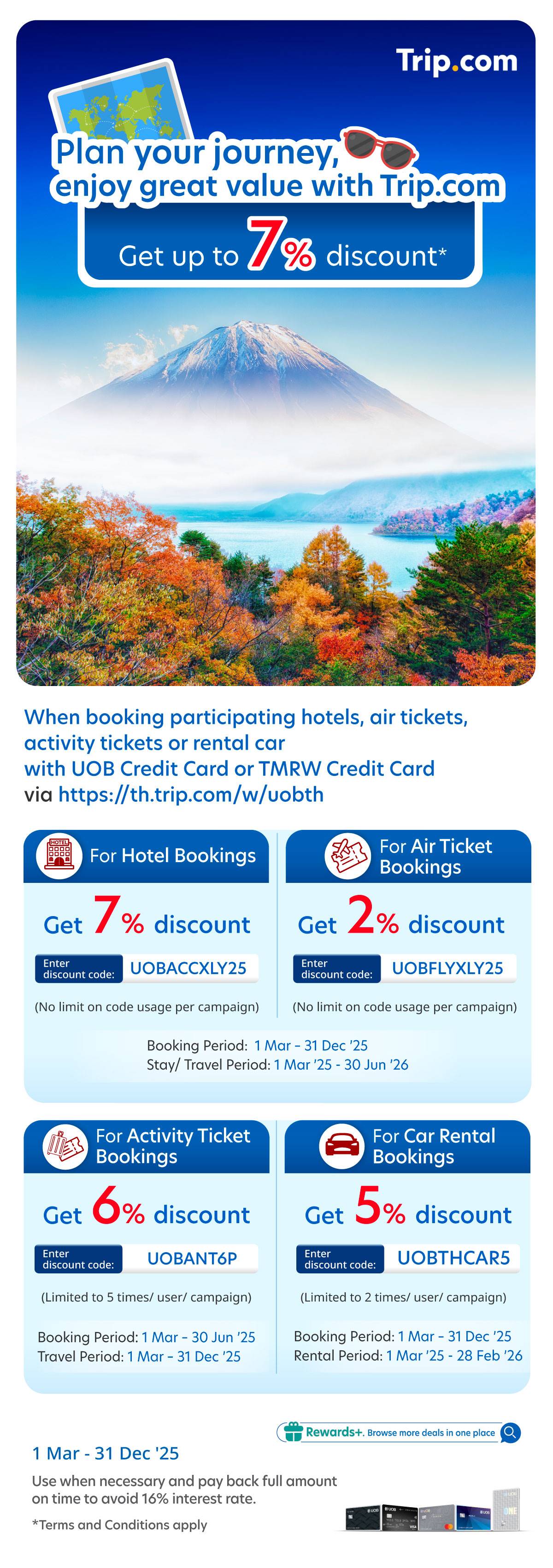 Get up to 7% discount when using services via Trip.com and pay with UOB Credit Card or TMRW Credit Card